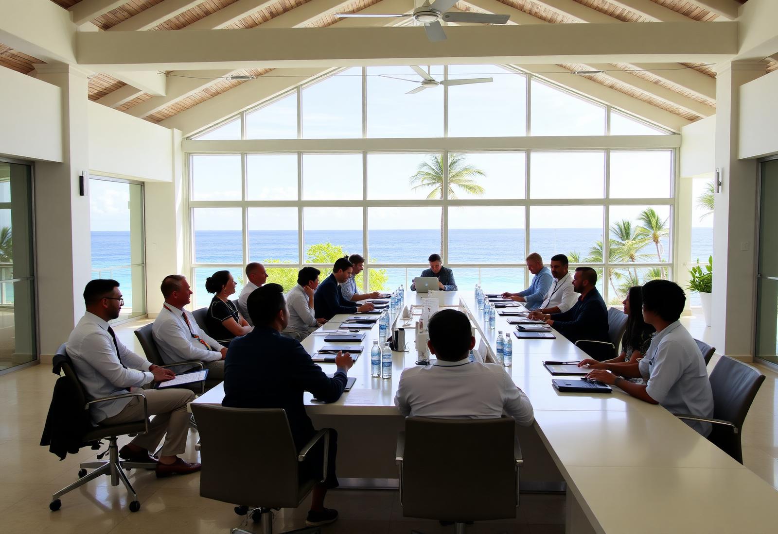 Business team in a meeting session at an oceanfront conference space