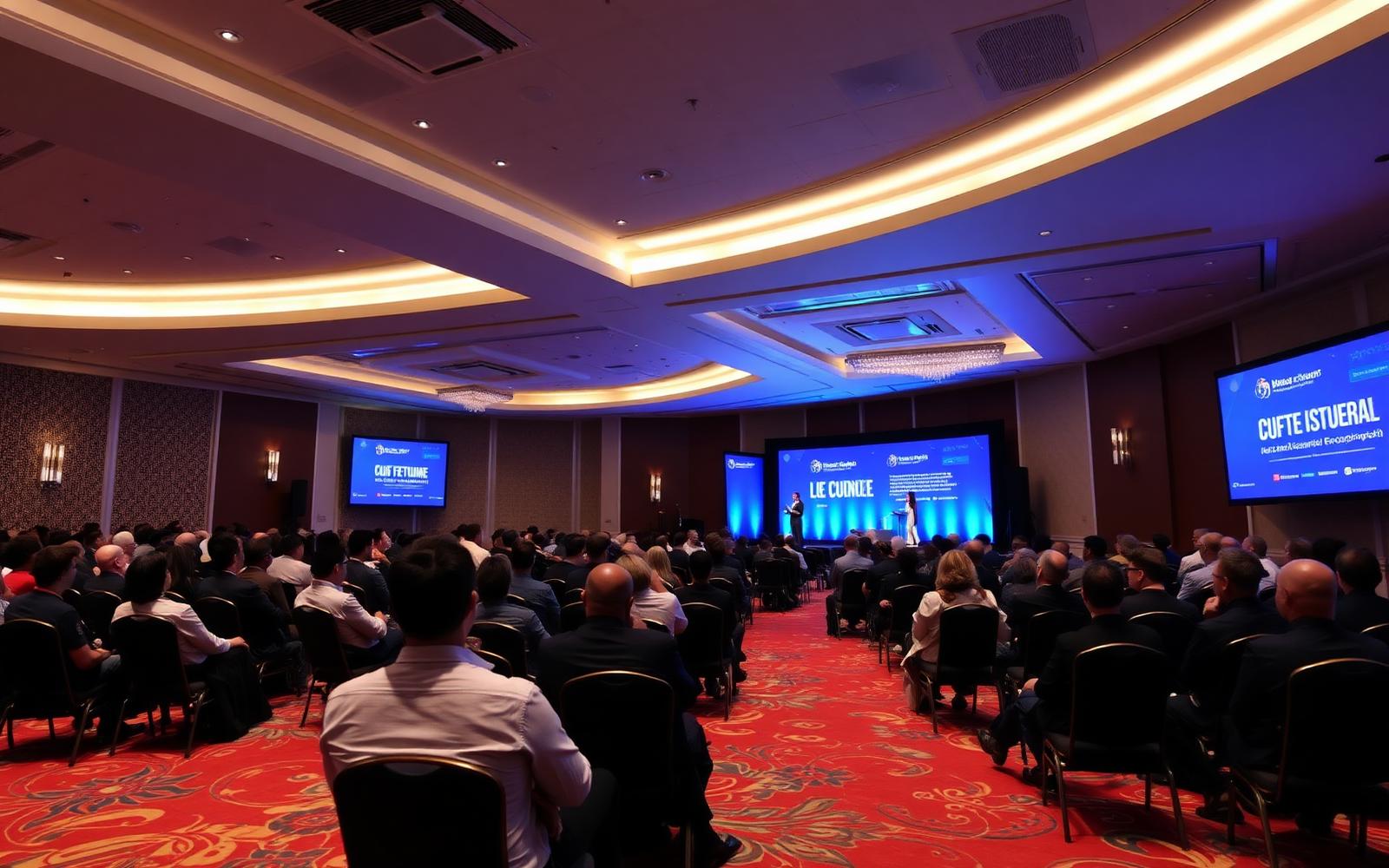 Corporate general session in a resort ballroom with a large stage and full audience
